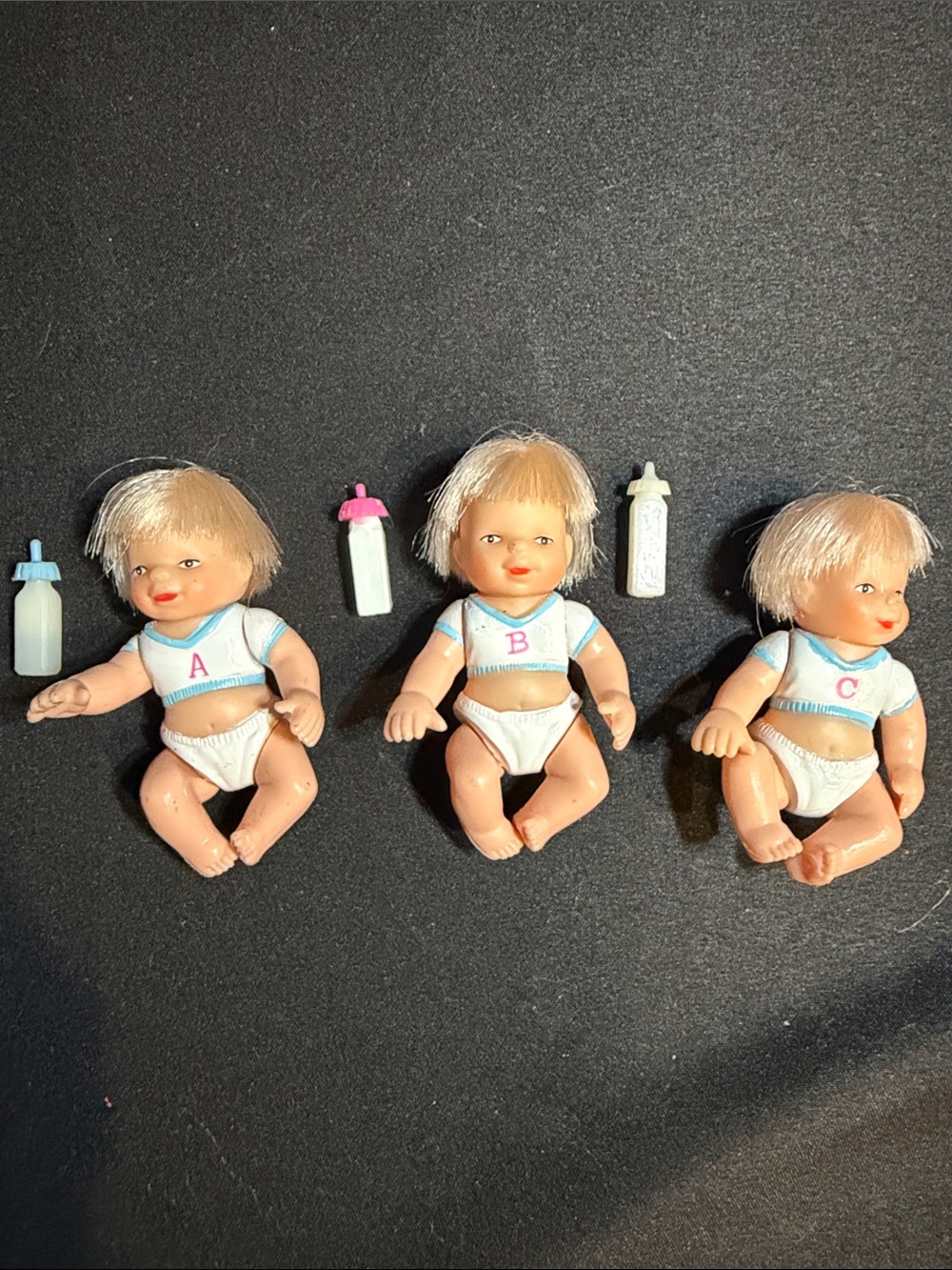 Vintage 1990’s Tara Toys ABC Triplets-3” Babies With Bottles